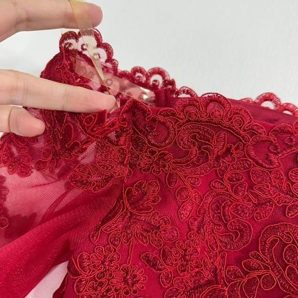 NWT JJs House Off-Shoulder Lace column formal gown burgundy size 12 - Picture 16 of 16